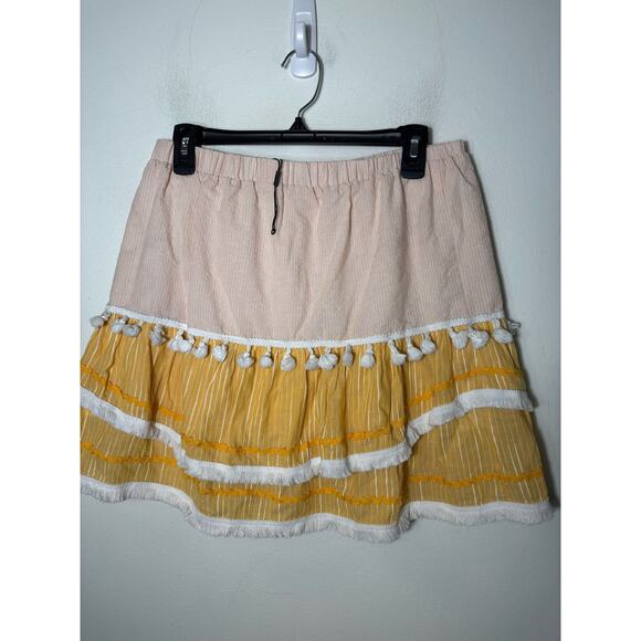 English Factory Yellow Pull On Pom Pom and Fringe Mini Skirt Sz L - Picture 2 of 2